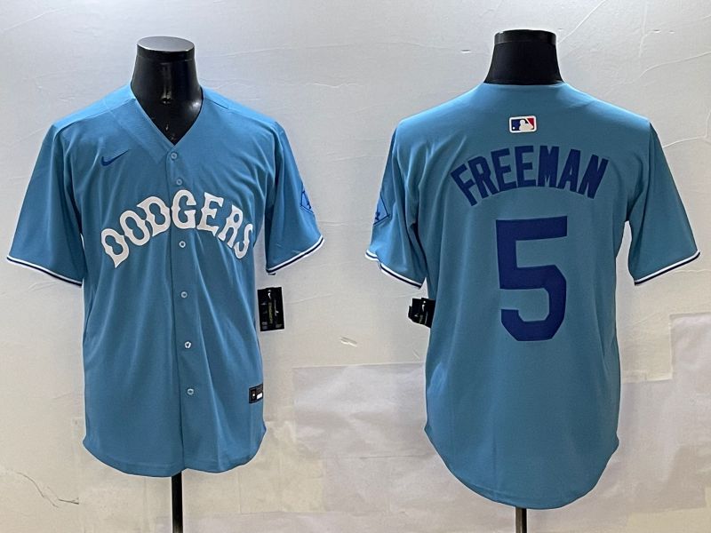 Men Los Angeles Dodgers 5 Freeman Light Blue Throwback Game 2025 Nike MLB Jersey style 1